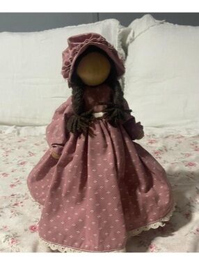 Handmade Primitive Wooden Faceless Doll Pink Prairie Dress & Bonnet Decor